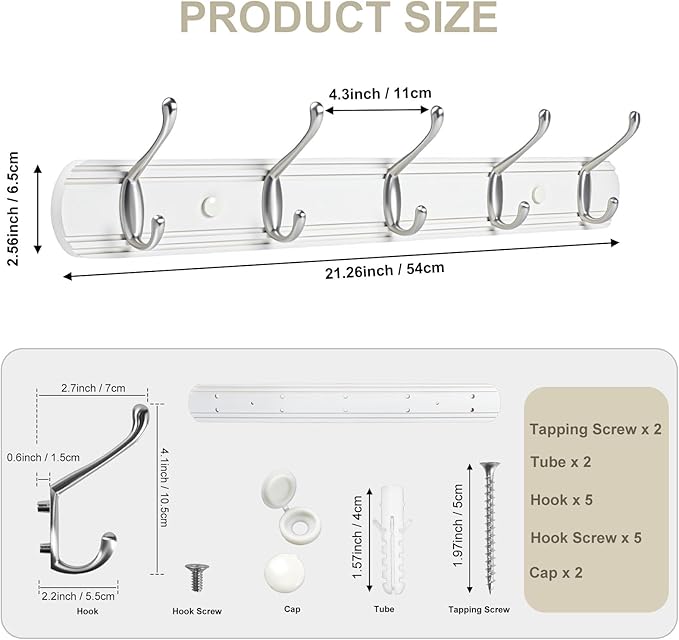 Coat Hooks Wall Mount, Wood Bamboo Wall Coat Rack with 5 Metal Hooks for Hanging Clothes, Towels, Keys, Bags(White&Brushed Nickel)