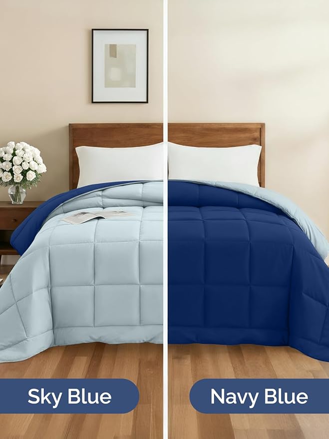 King Size, Blue & Light Blue Reversible Alternative Down Comforter - Warm Lightweight Breathable Hotel Quality Bedding Set - All Season Fluffy Cozy Oversized Cooling Microfiber Duvet Insert Comforter