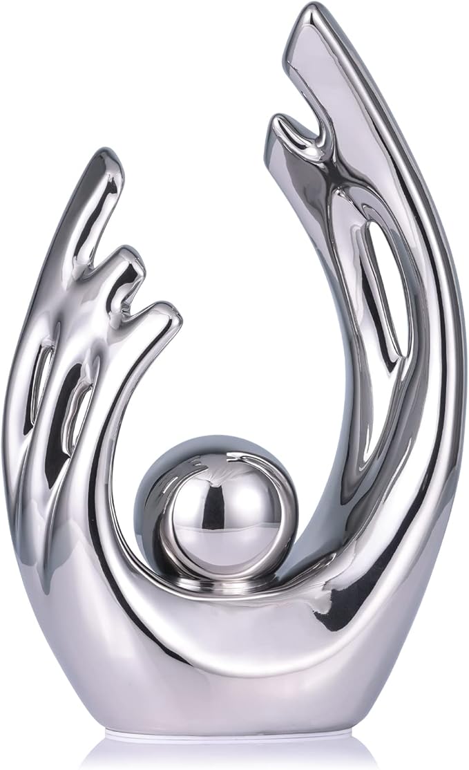 LCCCK 9.5" H Silver Aesthetic Room Decor Accent, TV Stand Funky Table Centerpiece, Abstract Art Ceramic Statue and Sculpture, Silver Decor for Living Room, Bookshelf Decorative Objects, Shelf