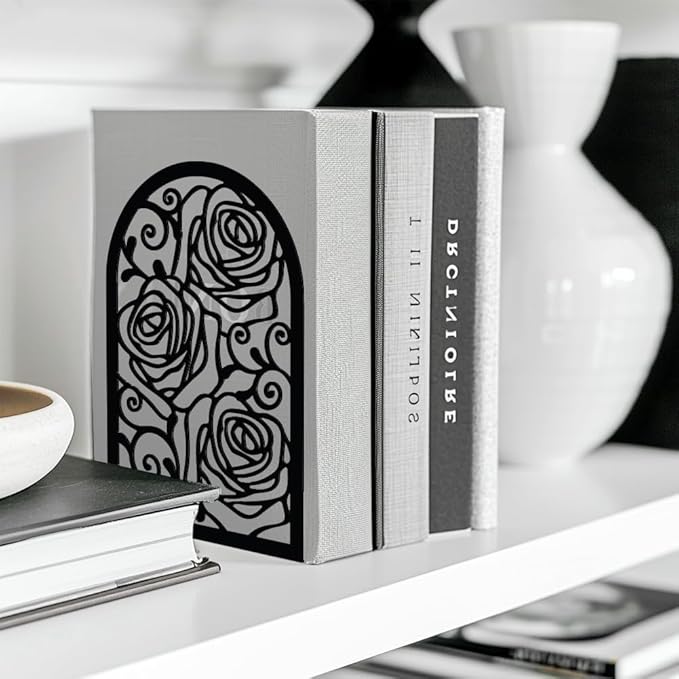 Peacoblue Metal Bookends for Shelves Decorative, Modern Creative Heavy Duty Study Bookends Stoppers Holder Stand for Desk Shelf, 5.3"x4.3"x7.9" Vintage Rose Book Ends Books Support, 1 Pair(Rose)