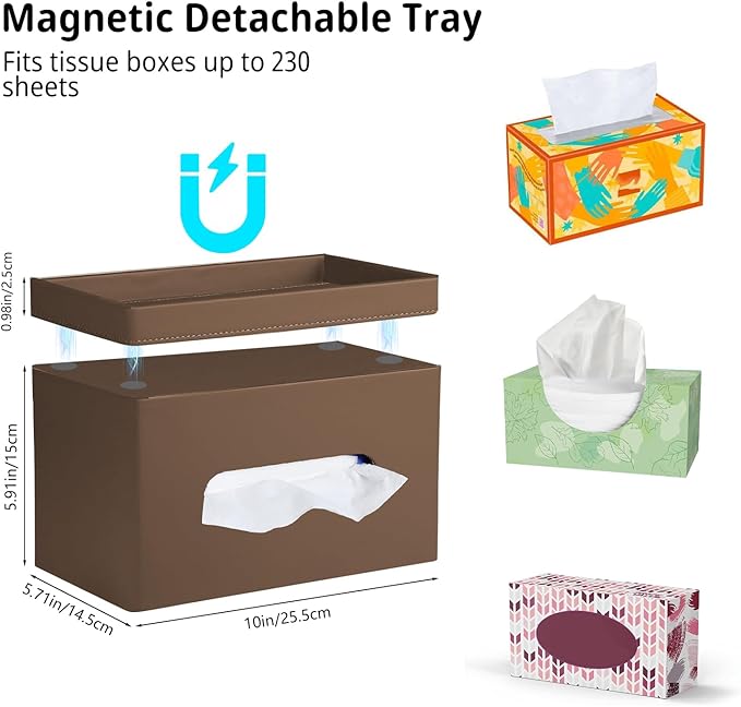 PU Leather Tissue Box Cover Rectangle with Detachable Storage Tray,Fits 230-Count Box Tall Rectangular,Modern Decorative Tissue Box Holder/Organizer for Bathroom,Bedroom Dresser,Night Stand