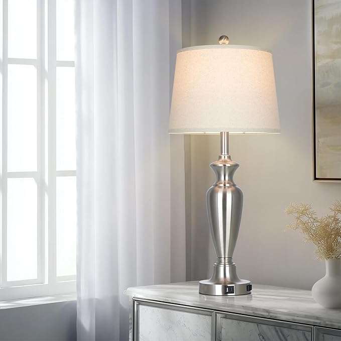 30" Tall Silver Table Lamps Set of 2 for Living Room, Touch Control Bedside Lamps for Nightstand, 3-Way Dimmable Bedroom Table Lamp with USB A+C Ports and AC Outlet (2 LED Bulbs Included)