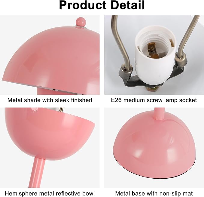 COSYLUX Modern Small Table Lamp for Bedroom, Cute Dome Shade Reflecting Light Reading Lamp for Living Room, Kid's Room, Study, Office, Beside Bedside Nightstand Desk Lamp(Light Pink)