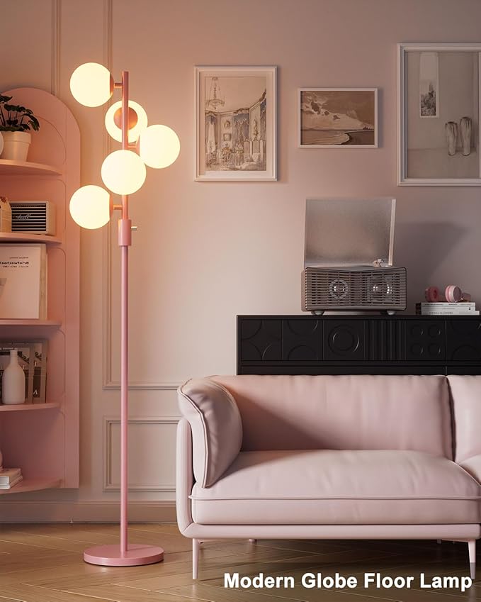 Lightdot Dimmable (Brightness Adjustable) Globe Floor Lamp, Retro Pink Pole Standing Lamps with 5PCS 3000K G9 Bulbs, Mid Century Modern Floor Lamp for Living Room Bedroom Home Office