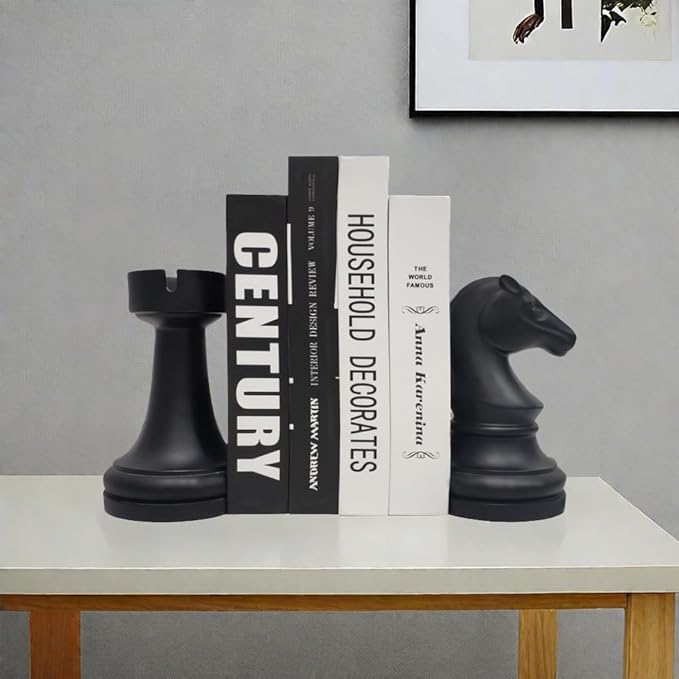 Chess Bookends Novelty Book Holders, Decorative Book Ends Modern Bookends Stoppers for Shelves, Black Heavy Duty Book Ends for Shelves Office Desk Decoration, Resin, 7" x 7"