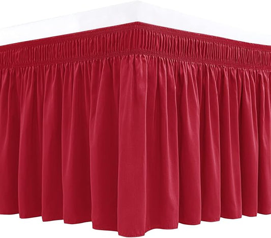 Biscaynebay Wrap Around Bed Skirts for Queen Beds with Short Drop of 12", Red Adjustable Elastic Dust Ruffles Easy Fit Wrinkle Resistant Silky Luxurious Fabric Machine Washable