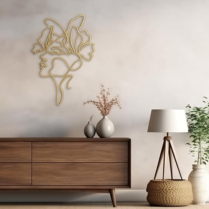 SIGNLEADER Metal Wall Art Decor Abstract Line Women Face Modern Abstract Wall Sculpture Hangings Home Decoration for Living Room, Bedroom, Bathroom, Kitchen, Outdoor - 18" Gold