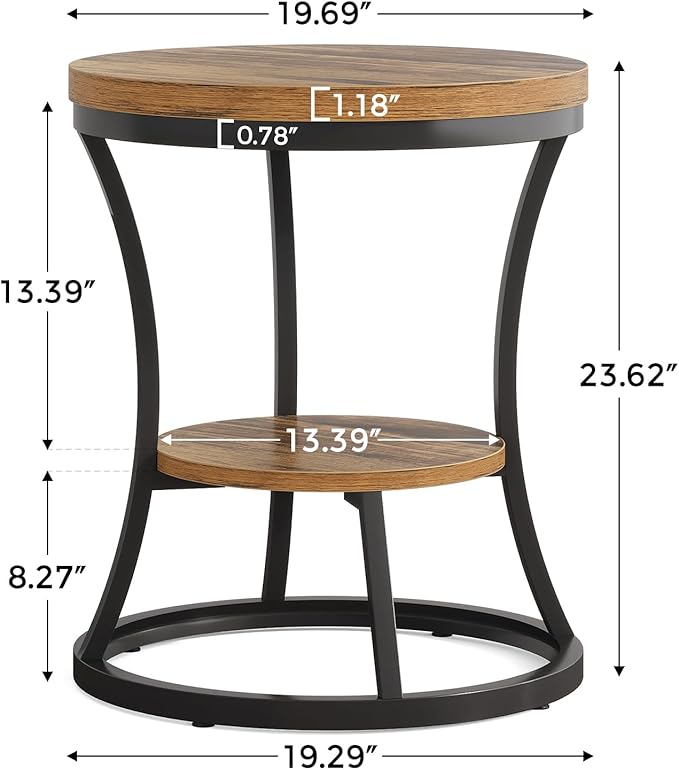 Round End Table, 2 Tier Industrial Side Table, Accent Bedside Table Nightstand with Metal Frame for Living Room, Bedroom, Small Spaces, Easy Assembly, Rustic Brown & Black