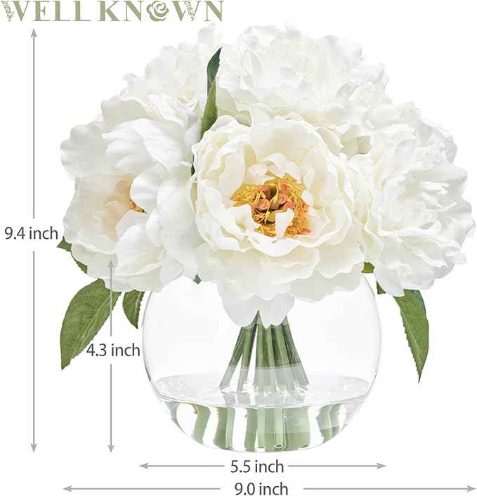 Artificial Flowers in Vase, Silk White Peonies Flowers with Globe Glass Vase & Faux Water, Fake Flower Arrangement for Home Dining Table Centerpieces Winter Spring Chritmas Wedding Party Decor Gift