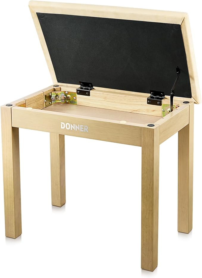 Donner Piano Bench with Storage, Solid Wood Keyboard Bench Piano Bookcase Stool Chair Seat with High-Density Suede Cushion, Light Wood Color