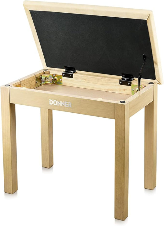 Donner Piano Bench with Storage, Solid Wood Keyboard Bench Piano Bookcase Stool Chair Seat with High-Density Suede Cushion, Light Wood Color