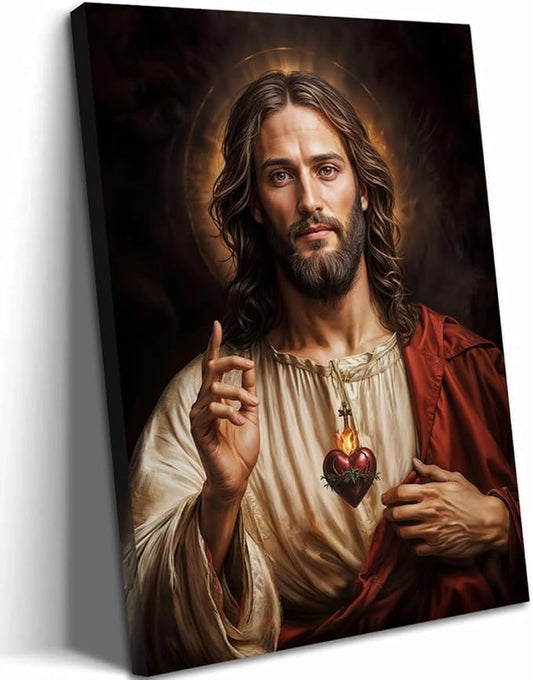 Framed Sacred Heart of Jesus Wall Art, Christian Divine Mercy Paintings Wall Decor, Christ Portrait Pictures Canvas Prints Catholic Religious Home Decor for Church Prayer Room Living Room 16X24 inch