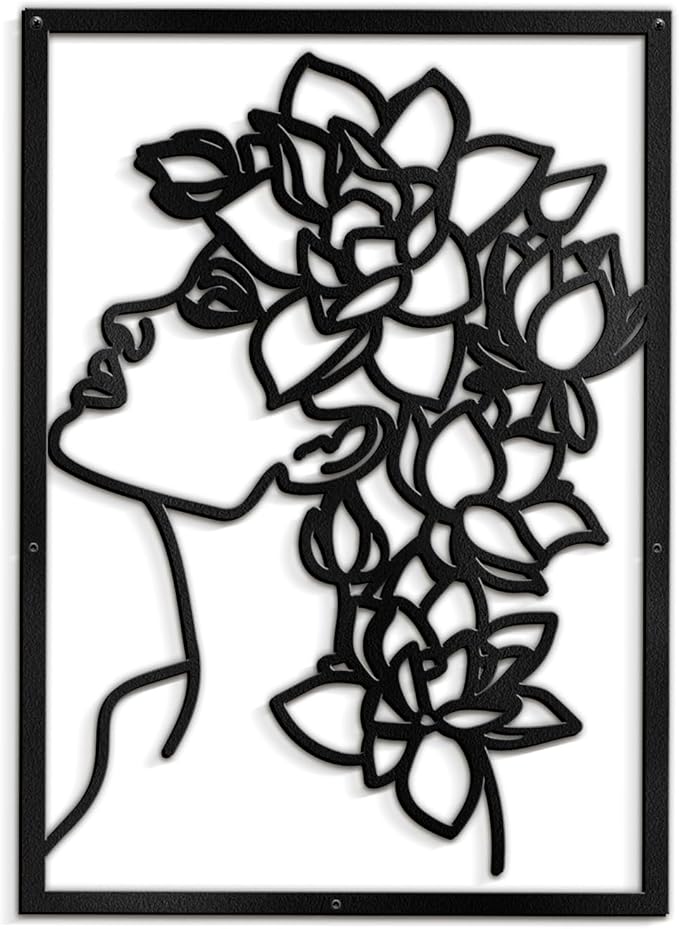 SIGNLEADER Metal Wall Art Decor Flowers Head Woman Modern Abstract Wall Sculpture Hangings Home Decoration for Living Room, Bedroom, Bathroom, Kitchen, Outdoor - 18" Black