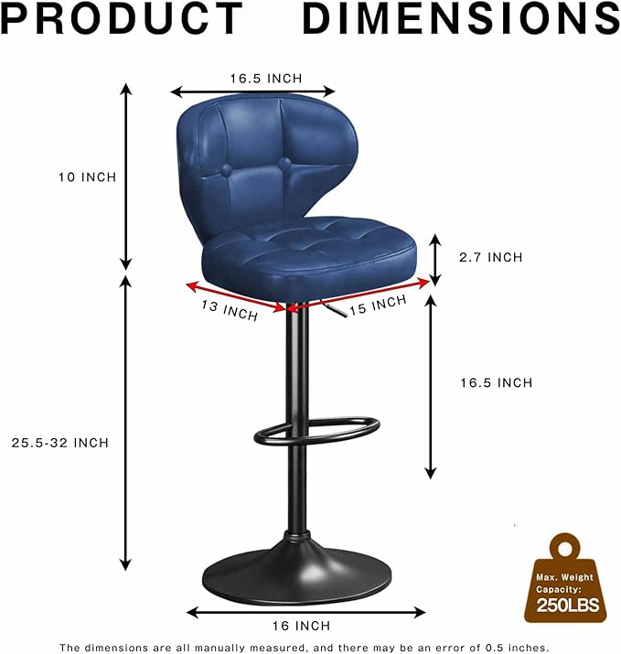Bar Stools Set of 2,Adjustable Swivel Barstools, Modern PU Leather Upholstered Bar Chair with Back and Footrest,for Bar, Kitchen, Dining Room （Blue） 2