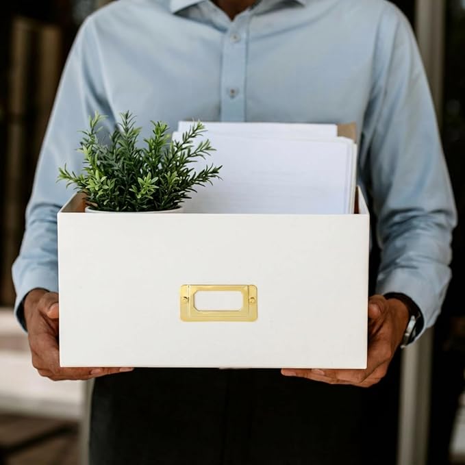 Eaasty Set of 4 Decorative Storage Boxes with Lids, Kraft Paper Boxes with Gold Label Holders, Decorative Photo Memory Keepsakes Storage, Cardboard Organizers for Home Decor, Office Organizing(White)