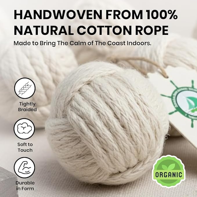 Set of 6 Cotton Rope Balls – Decorative Nautical Accents – for Vase Fillers, DIY Crafts, Rustic Living Room Decor – Handmade Knot Ornaments for Tray Styling, Coastal Display, or Housewarming Gift