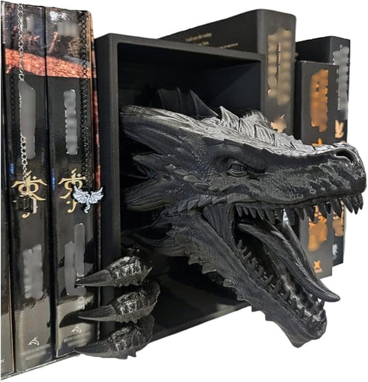 Dragons Awakening Book End – Fantasy Book Nook Insert for Dragon Readers – Unique Home Decor for Bookshelves & Libraries (Black - 2 Arms)