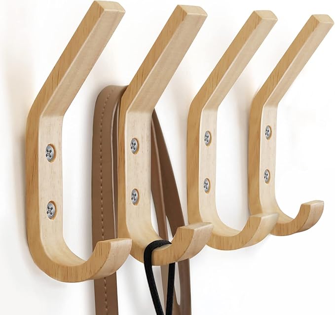 Wooden Coat Hooks Wall Hooks,Rustic Natural Oak Wood Wall Hooks for Hanging Decorative Vintage Organizer Heavy Duty Entryway Wall Mounted Hangers Hooks for Hat Rack,Coats,Towels, Key,Bags(4 Pack)