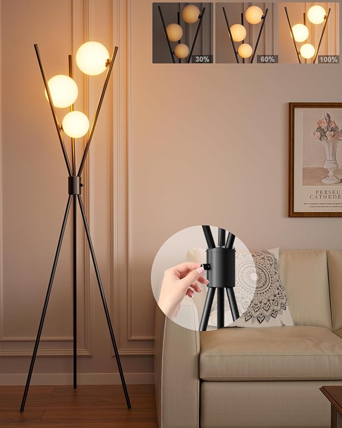 ACOHOOK 3 Globe Dimmable Tripod Floor Lamp, Mid Century Standing Lamps with 3Pcs 3000K Bulbs Included, Modern Tall Lamp for Living Room Bedroom Office-Black
