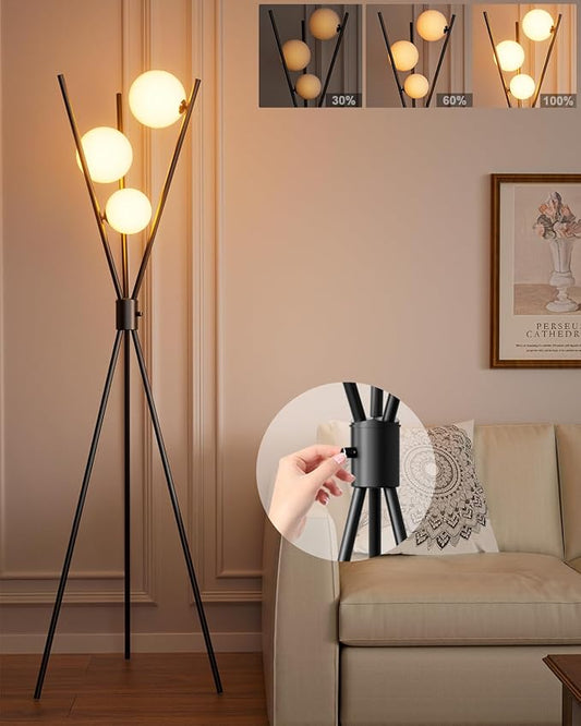 ACOHOOK 3 Globe Dimmable Tripod Floor Lamp, Mid Century Standing Lamps with 3Pcs 3000K Bulbs Included, Modern Tall Lamp for Living Room Bedroom Office-Black
