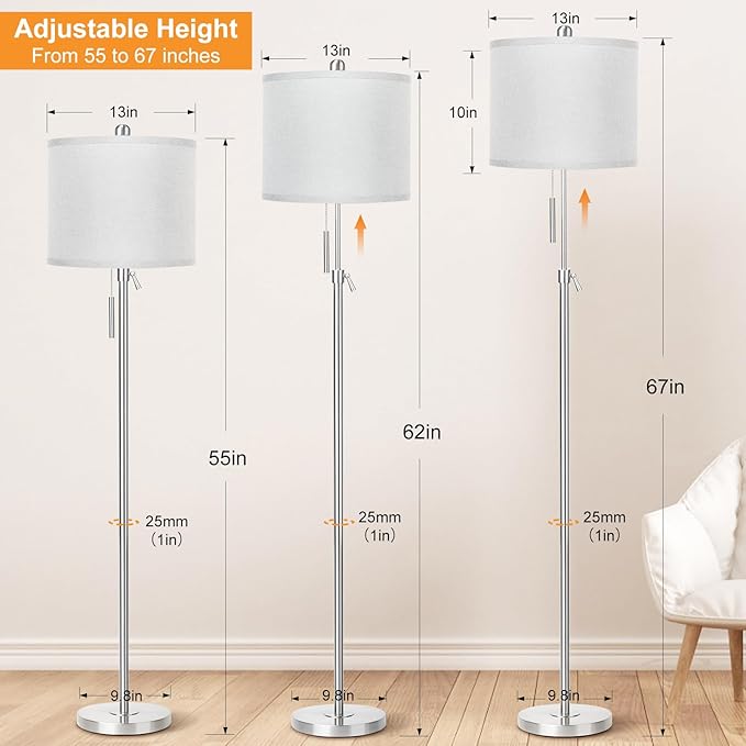 Brushed Nickel Floor Lamp for Living Room, Adjustable Height Standing Lamp with Metal Base, Tall Pole Light with Grey Shade for Bedroom, 8W 4000K 3-Way LED Bulb Included (Brushed Nickel, Grey Shade)