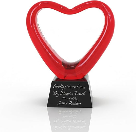 Personalized 6.5" Red Glass Heart Award, Custom Engraved Decorative Heart-Shaped Glass Award Statue for Appreciation, Recognition, Grattitude