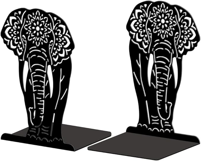 Peacoblue Metal Bookends for Shelves, Modern Decorative Heavy Duty Study Book Ends Stoppers for Office, Desk, Shelf, Room 5.3"x4.3"x7.9" Cast Iron Simple Tall Bookends 1 Pair (Mandala Elephant)