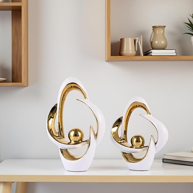 2PCS Home Decor Accent Ceramic Statue Abstract Sculptures Centerpieces Mid Century Modern Decor for Tables Coffee Table top Decorations for Living Room Desktop Shelf Dining Room Kitchen (White Gold)