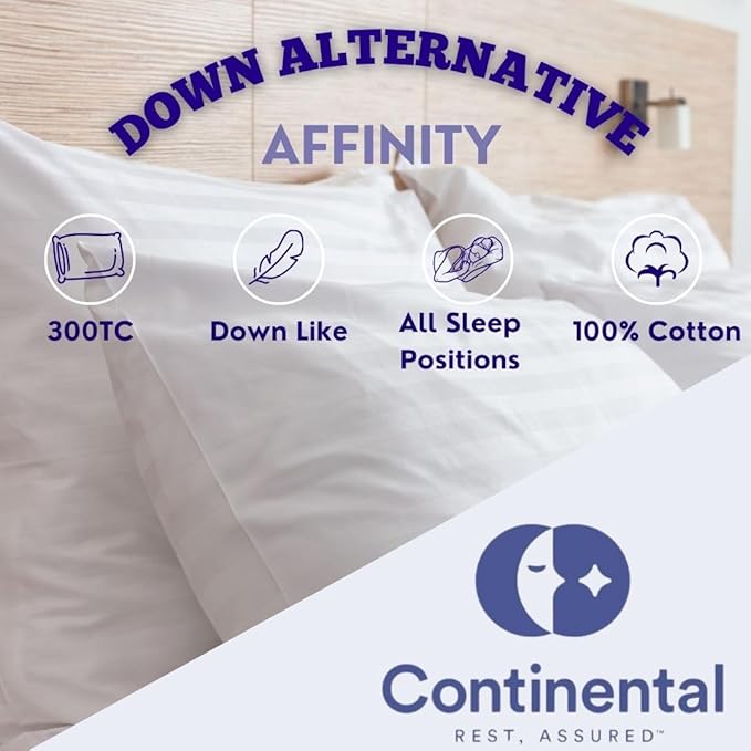Continental Bedding Affinity Down Alternative Pillow, Medium Firm, 300TC 100% Cotton Shell, for Side, Back, and Stomach Sleepers