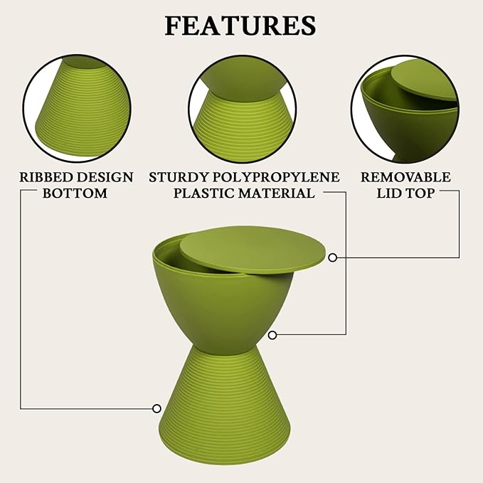 LeisureMod Green Hourglass Side Table with Storage – Modern Ribbed Drum End Table, Removable Lid, Compact Accent Table for Indoor/Outdoor Use