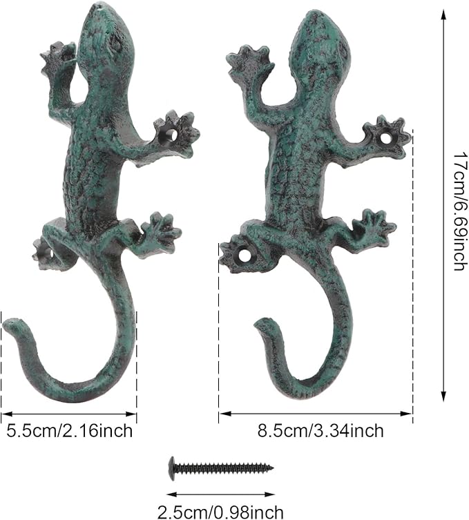 Cast Iron Gecko Wall Hooks Vintage Rustic Coat Rack with Hook Wall Coat Hooks Wall Mounted Heavy Duty Animal Hooks for Hanging Decorative Towel Hooks 2 Pcs (Gecko)