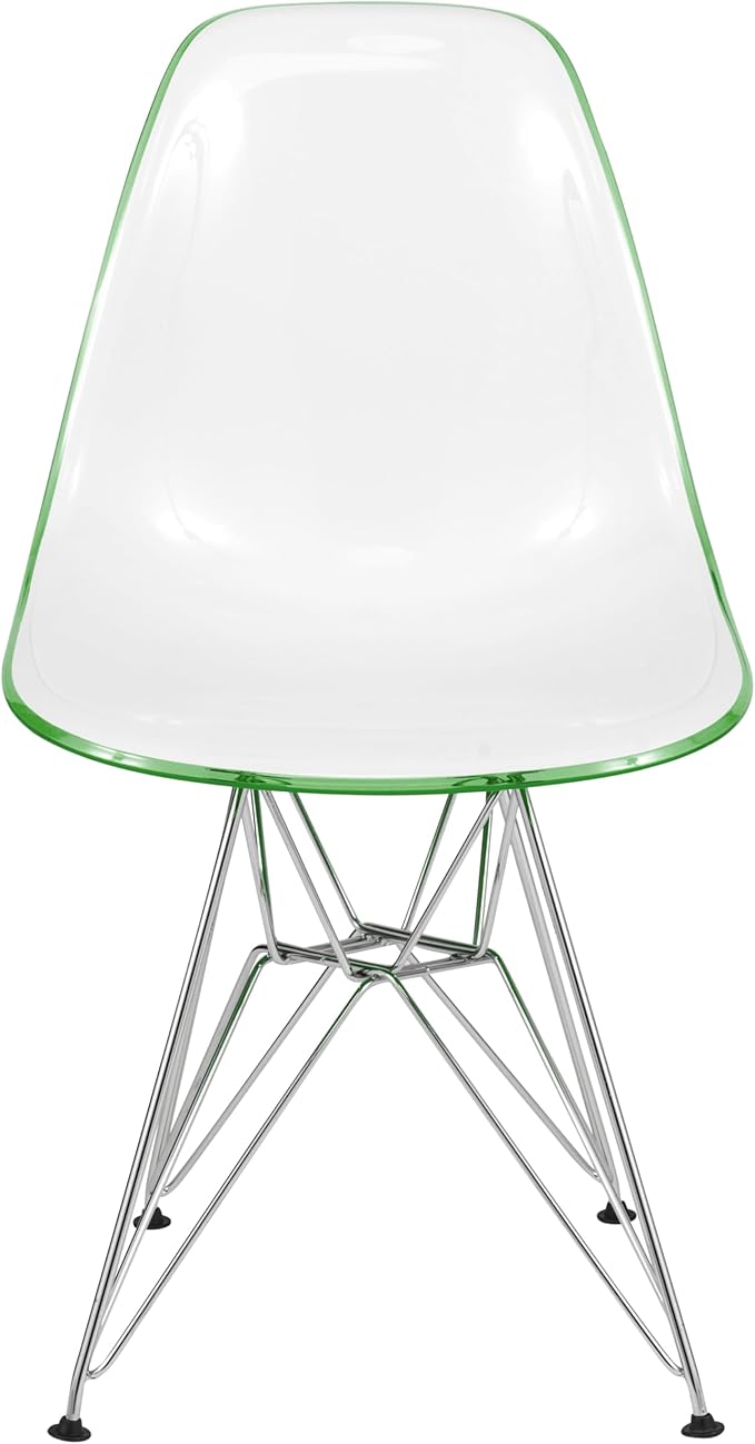 LeisureMod Cresco Acrylic Dining, Modern Chrome Eiffel Base and Curved Back Design, Ergonomic and Lightweight Accent Side Chair for Mid-Century Home, Kitchen, and Café (White Green, Singles)