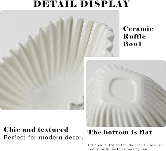 Ceramic Decorative Bowl,White Modern Bowls for Home Decor,Decorative Fruit Bowl for Kitchen Counter,Ruffle Decorative Key Bowl for Entry Table