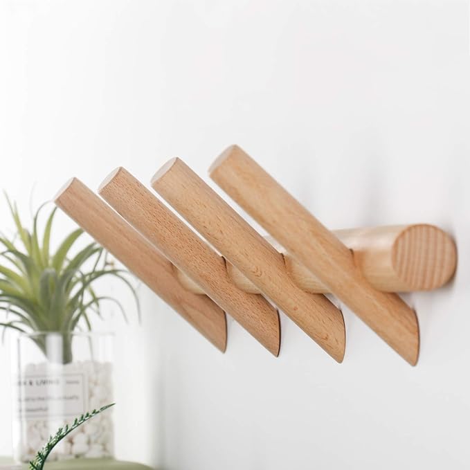 Wood Coat Hooks Wall Mounted Hat Rack Tower Hanger Wall Hooks Decorative Hanger with Pegs Entryway Bedroom Bathroom（Beech Wood,4 Hooks）
