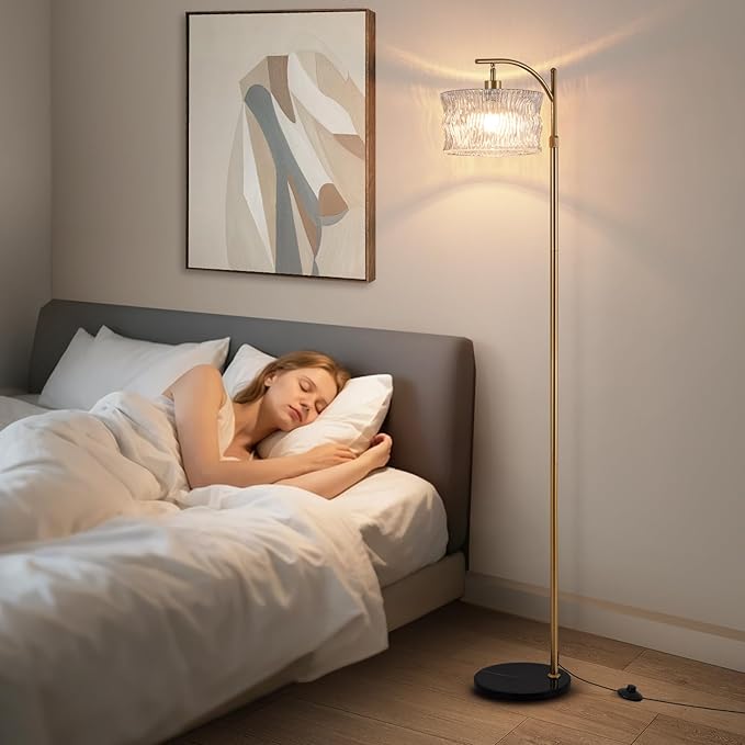 JERANDO Dimmable Glass Floor Lamp for Living Room, Modern Gold Standing Lamp with Remote Control, Vintage Clear Glass Lampshade Tall Lamp for Bedroom Study Room(LED Bulb Included)