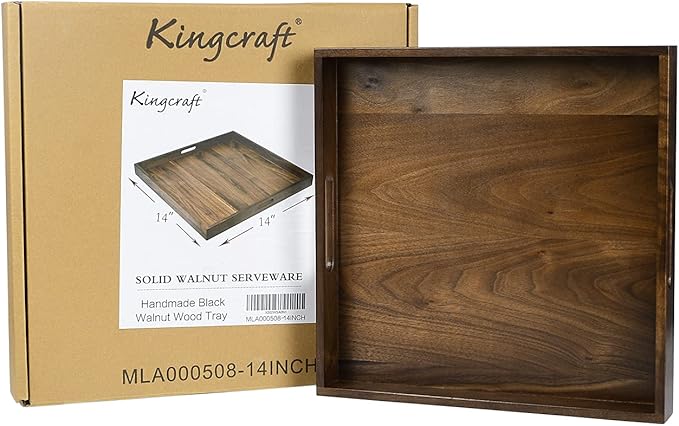 14 x 14 inches Large Square Ottoman Tray Solid Wooden Black Walnut Table Platter Decorative Serving Tray with Handle for Oversized Ottoman Home Breakfast in Bed Tea Coffee