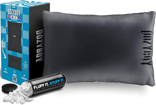 DozyBoy Fluff and Stuff Comfort Pillow | Queen Size Memory Foam Pillows, Chiropractor Designed and Approved 2-in-1 Back Support and Bed Pillows | Fully Adjustable Pillow (Black, Queen (Pack of 1))