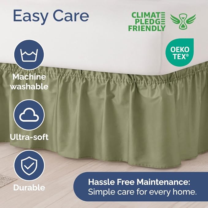 Wrap Around Dust Ruffle Bed Skirt - Sage Green - Twin/Twin XL Size Beds with 18 Inch Drop - Elastic Strap - Adjustable Pleated Bedskirt with Brushed Fabric and Wrinkle Free - Women, Men, Kids & Teens