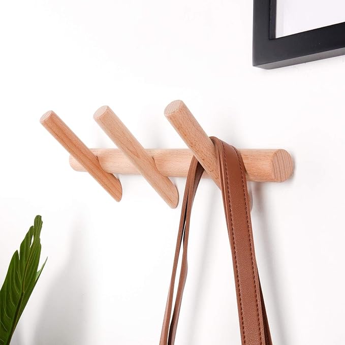 Wood Coat Hooks Wall Mounted Hat Rack Tower Hanger Wall Hooks Decorative Hanger with Pegs Entryway Bedroom Bathroom（Beech Wood，3 Hooks）