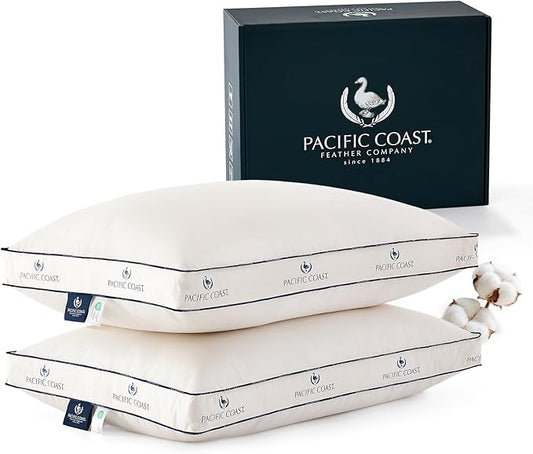 Pacific Coast Goose Feather and Down Pillows, Queen Size Set of 2, Gusseted Pillows, Bed Pillows for Sleeping, Good for Side and Back Sleepers, 100% Organic Cotton Cover