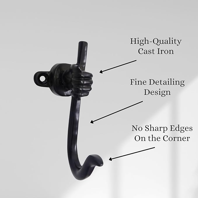 Set of 3 Cast Iron Unique Hand Hook Shape Coat Hooks Wall Art Decor-Hand Shape Hangers and Key Holder-Clothes Rack and Backpack Hanger-Coat Hooks Home Decor for Storage, Living Room (Black)