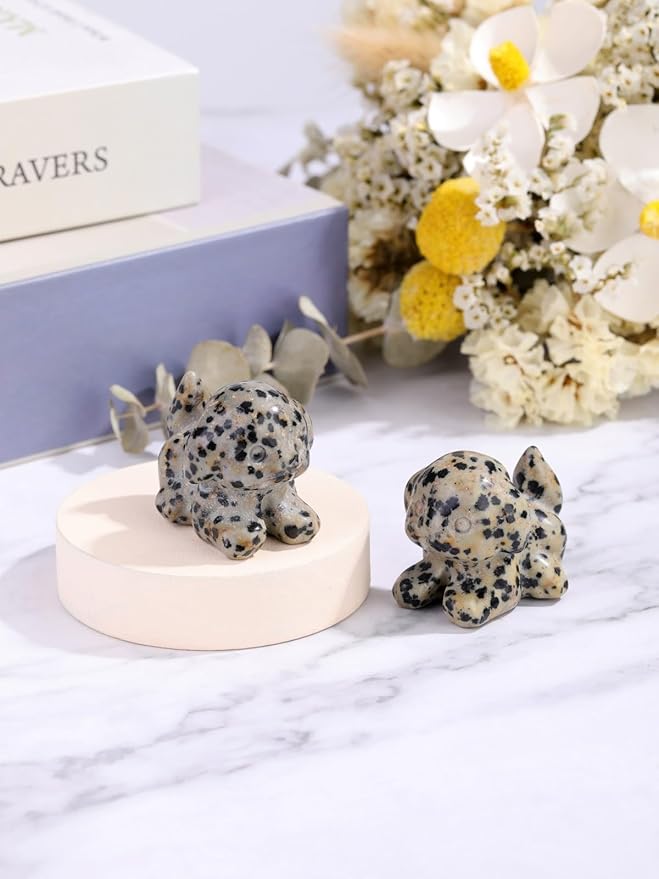 Jovivi Natural Dalmation Spot Jasper Crystal Lying Dog Statue Home Decor Carved Mini Gemstone Puppy Dog Figurines Pocket Sculpture Reiki Healing Stones Decorative Ornament Gift