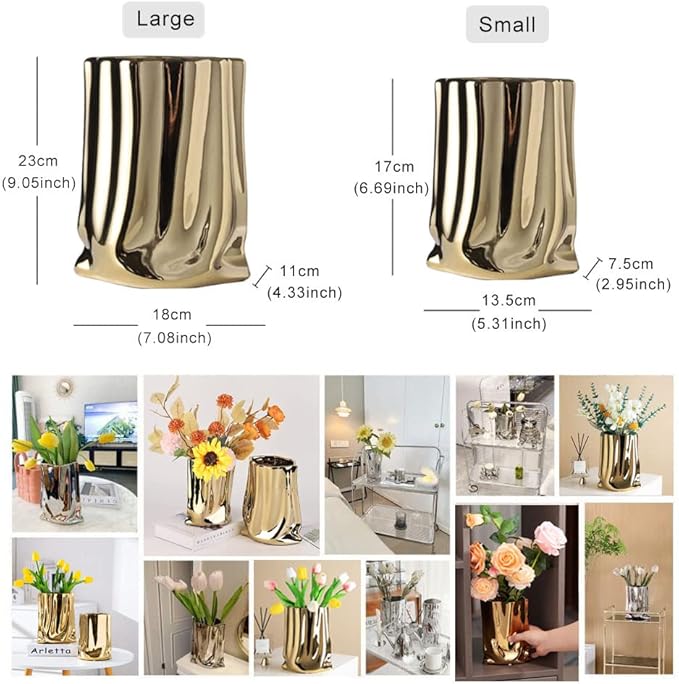 Gold Flower Vase, Paper Bag Ceramic Vase, Modern Metallic Luster Gold Vase Home Decor for Table Centerpieces, Living Room, Shelf Decor, Mantel (Gold-Large)