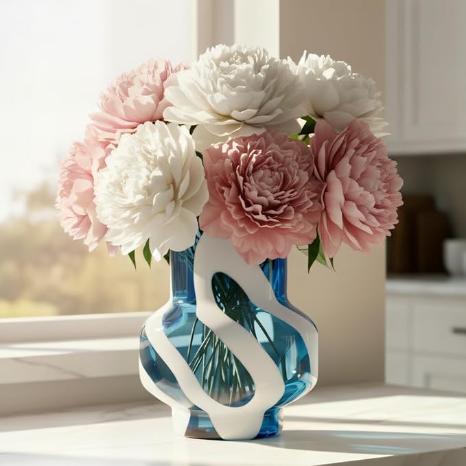 Torre & Tagus 8" White Striped Blue Vase for Flowers - Hand Blown Blue & White Art Glass Vase Modern Home Decor, Large Table Centerpiece for Living Room Consoles, Dining Tables, Modern Art Displays