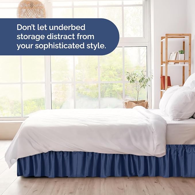 Wrap Around Dust Ruffle Bed Skirt - Navy Blue - for Full Size Beds w/ 16 Inch Drop - Easy Fit Elastic Strap - Adjustable Pleated Bedskirt with Brushed Fabric, Wrinkle Free Women, Men, Kids and Teens