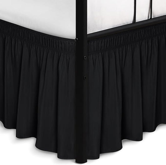 Biscaynebay Wrap Around Bed Skirts with Split Corners for King Beds 16" Drop, Black Elastic Dust Ruffles Adjustable Easy Fit Wrinkle & Fade Resistant Silky Luxurious Fabric Machine Washable