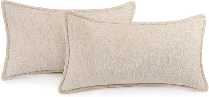 DEZENE Pack of 2 Beige Decorative Throw Pillow Covers 12x20 Cozy Soft Chenille Boho Accent Vintage Farmhouse Rectangular Lumbar Couch Pillow Covers for Home Decor Bed Sofa Living Room