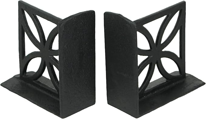 Set of 2 Elegant Black Cast Iron Mid Century Modern Breeze Block Bookends with Floral Design - Stylish Home and Bookshelf Decor Accessories, 5.25 Inches High