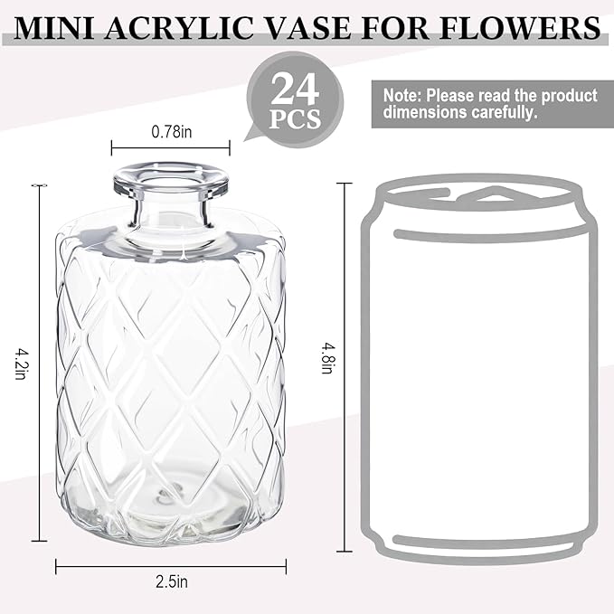 Honeydak Set of 24 Plastic Mini Bud Vases, Vintage Clear Decorative Vases Bulk for Table Centerpieces, Wedding Reception, Baby Shower, Home Decor, Housewarming Gift(Geo-Diamond)