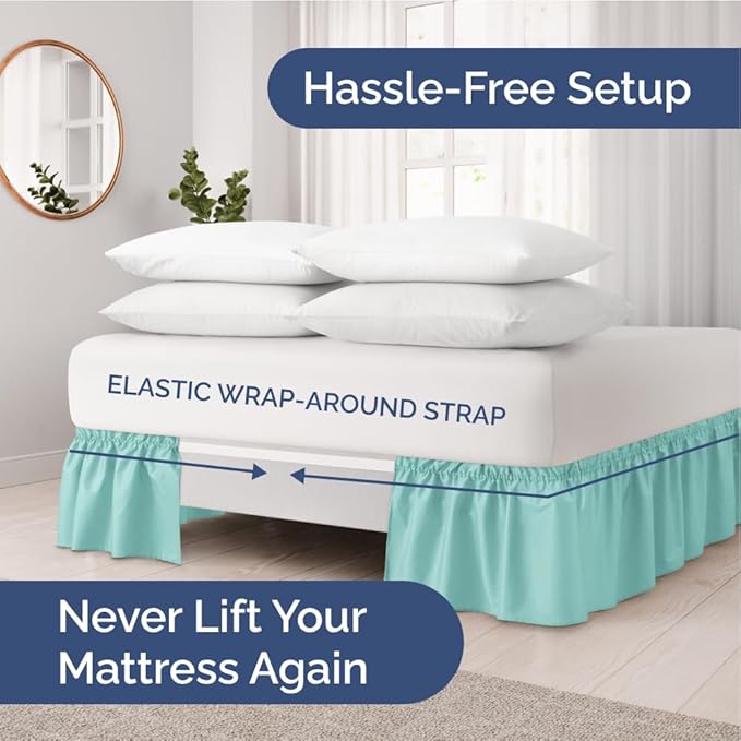 Wrap Around Dust Ruffle Bed Skirt - Spa Blue - Twin/Twin XL Size Beds with 12 Inch Drop - Easy Fit Elastic Strap - Adjustable Pleated Bedskirt w/Brushed Fabric Wrinkle Free - Women, Men, Kids & Teens